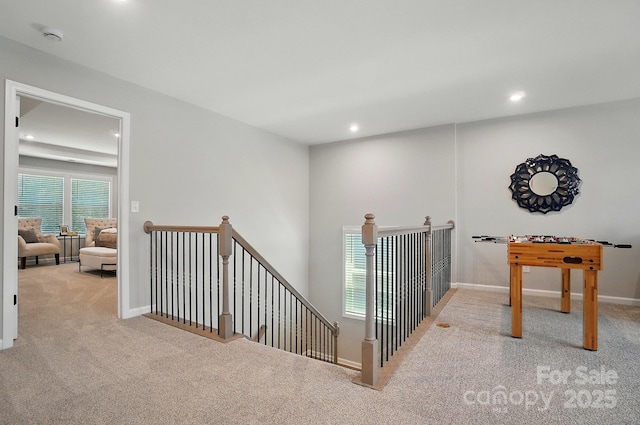 9843 Quercus Ln, Huntersville, NC 28078 - hall with carpet, an upstairs landing, plenty of natural light, and recessed lighting