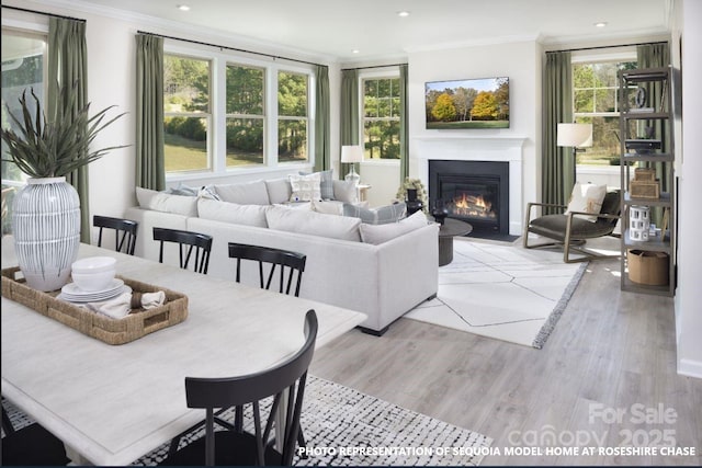 living area featuring a glass covered fireplace, crown molding, a healthy amount of sunlight, and light wood-type flooring