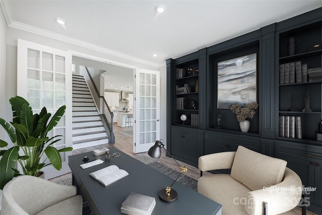 living area with wood finished floors, recessed lighting, stairs, french doors, and crown molding