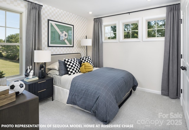 bedroom featuring wallpapered walls, an accent wall, baseboards, light carpet, and recessed lighting