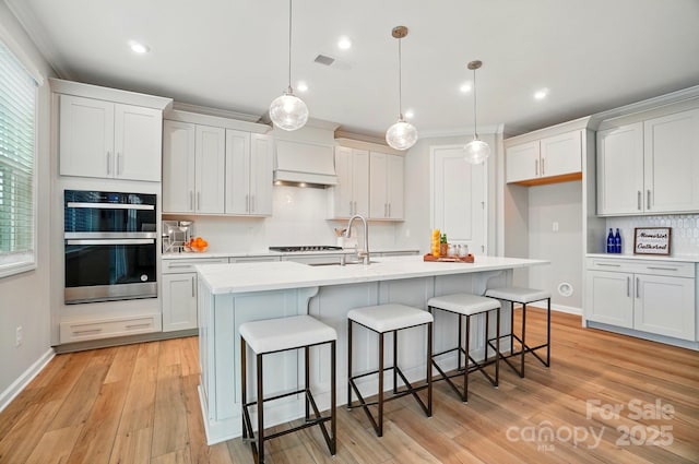 kitchen featuring visible vents, tasteful backsplash, a sink, premium range hood, and light countertops