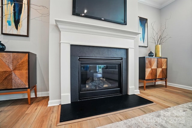 room details with baseboards, a glass covered fireplace, and wood finished floors