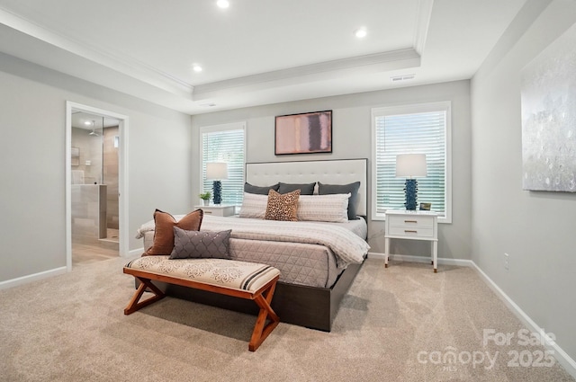 bedroom with light colored carpet, a raised ceiling, recessed lighting, visible vents, and ornamental molding