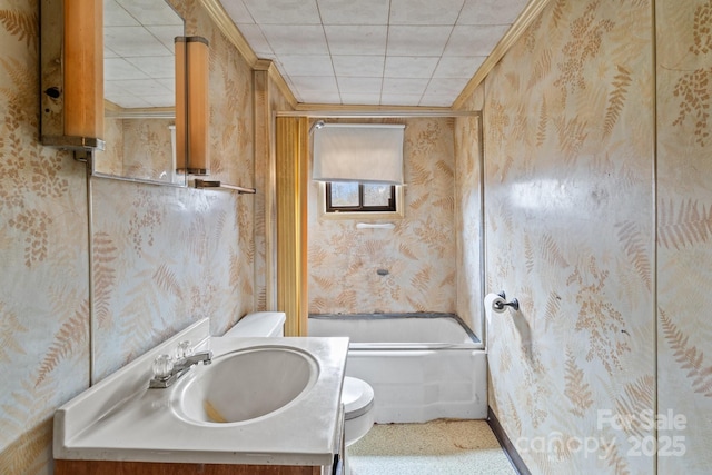 bathroom featuring wallpapered walls, shower / tub combination, toilet, and vanity