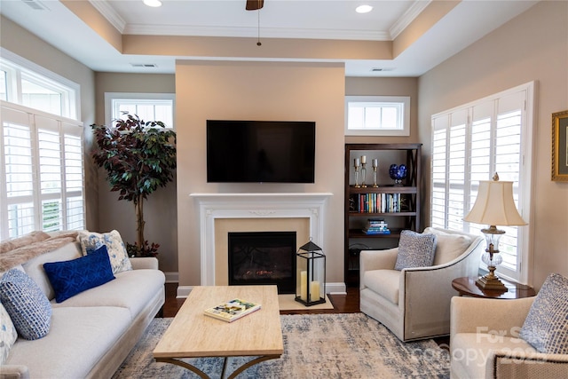 living area featuring a tray ceiling, plenty of natural light, and visible vents