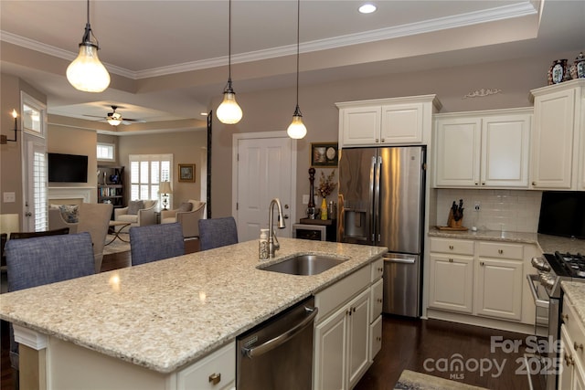 kitchen with an island with sink, dark wood-style floors, appliances with stainless steel finishes, a tray ceiling, and a sink