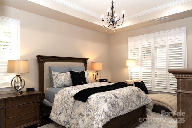 16116 Lakeside Loop Ln, Cornelius, NC 28031 - bedroom featuring a chandelier and crown molding