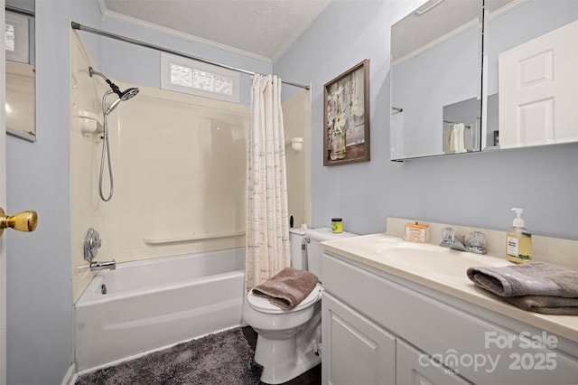 full bathroom with toilet, ornamental molding, shower / tub combo, a textured ceiling, and vanity