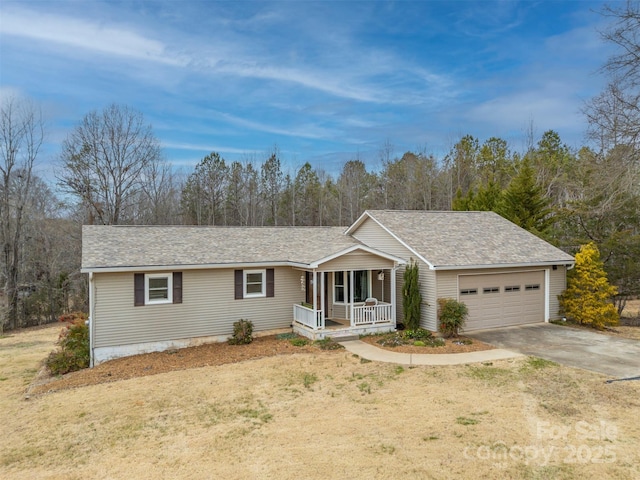 ranch-style house with a garage, concrete driveway, a porch, and a shingled roof