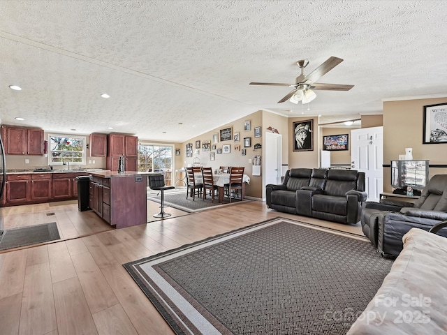 living room with lofted ceiling, a textured ceiling, a ceiling fan, light wood-type flooring, and crown molding