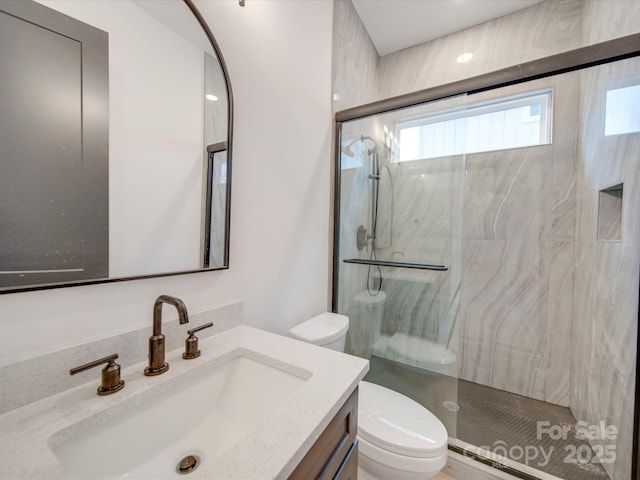 bathroom featuring vanity, a shower stall, and toilet