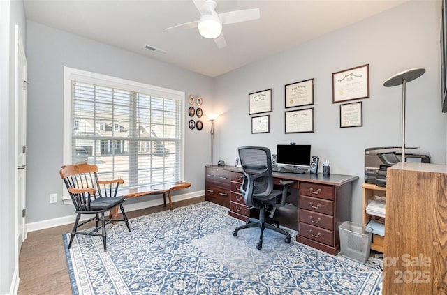 office featuring visible vents, ceiling fan, baseboards, and wood finished floors