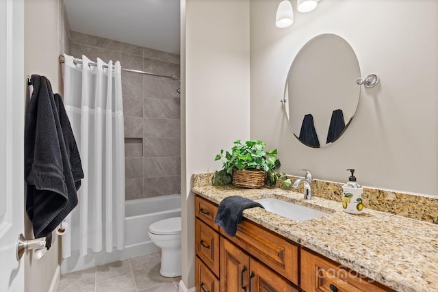 bathroom featuring tile patterned flooring, toilet, vanity, and shower / bathtub combination with curtain