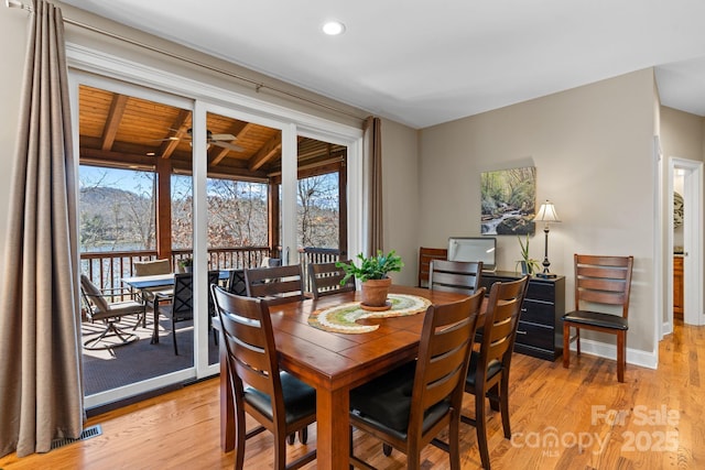 dining space featuring recessed lighting, a ceiling fan, light wood-type flooring, and baseboards