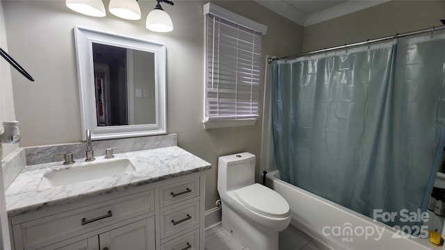 bathroom with toilet, vanity, and shower / bathtub combination with curtain