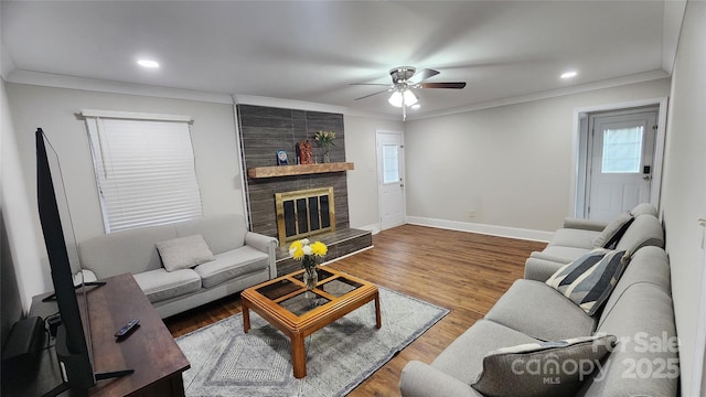 living room featuring baseboards, wood finished floors, a fireplace, and ornamental molding