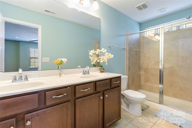 bathroom with visible vents, toilet, a stall shower, tile patterned floors, and a sink