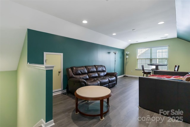 living room with recessed lighting, baseboards, lofted ceiling, and wood finished floors