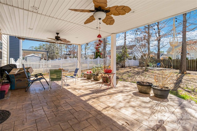 view of patio / terrace featuring a fenced backyard and ceiling fan