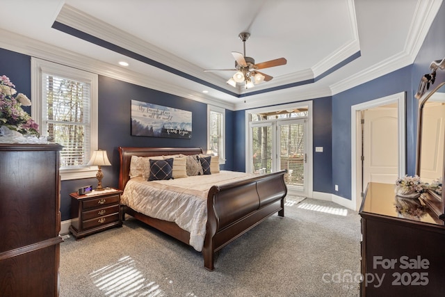 carpeted bedroom with a tray ceiling, multiple windows, and baseboards