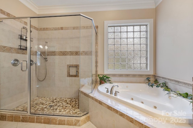 bathroom featuring a shower stall, a healthy amount of sunlight, a tub with jets, and ornamental molding