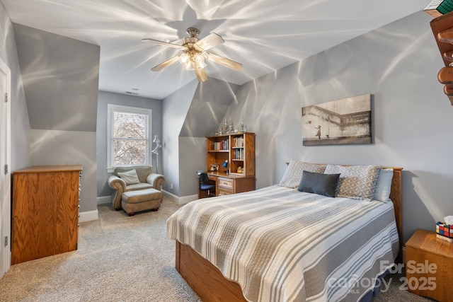 carpeted bedroom with baseboards and ceiling fan