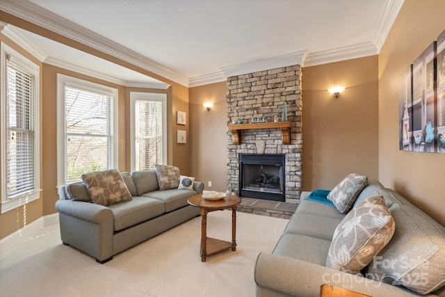 carpeted living room featuring baseboards, a stone fireplace, and crown molding