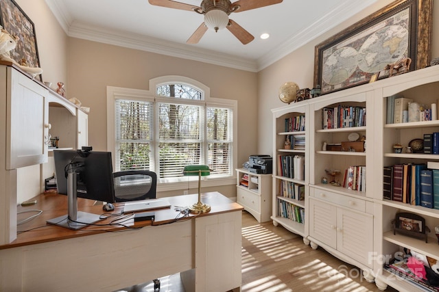 home office with ceiling fan, light wood-type flooring, and ornamental molding