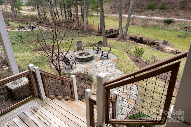 14 Twinflower Trl, Asheville, NC 28804 - deck featuring a patio, a fire pit, fence, and a lawn