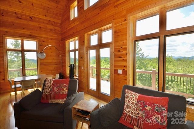 doorway featuring wooden walls, a wealth of natural light, and french doors