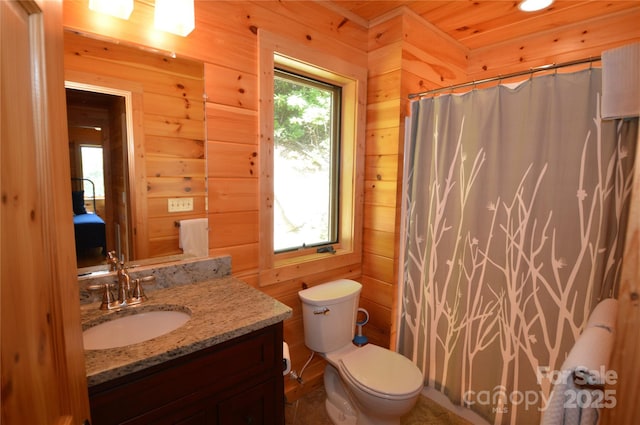 bathroom with a healthy amount of sunlight, wooden walls, toilet, and vanity