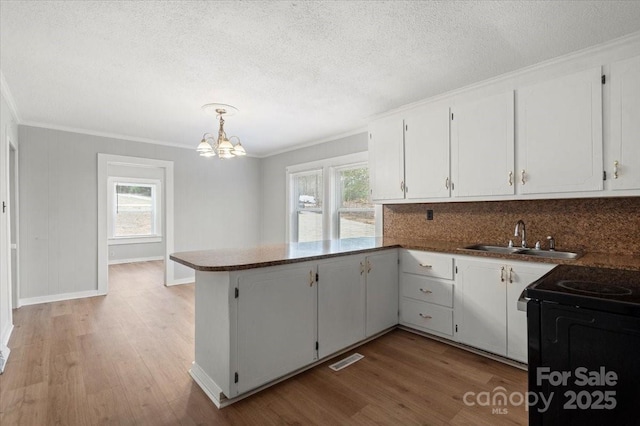 kitchen with a peninsula, wood finished floors, a sink, and white cabinets