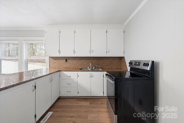 kitchen with a sink, white cabinetry, light wood-style floors, electric stove, and crown molding