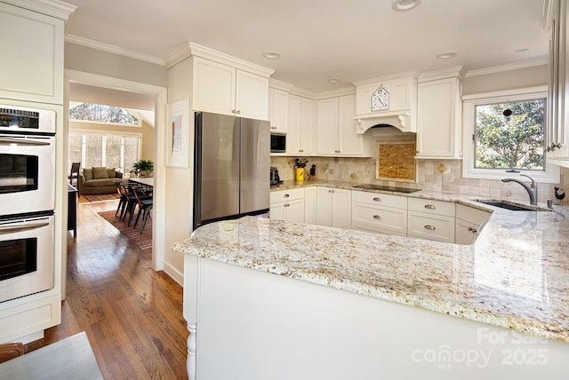 205 Midland Dr, Asheville, NC 28804 - kitchen with a sink, ornamental molding, appliances with stainless steel finishes, and dark wood-type flooring