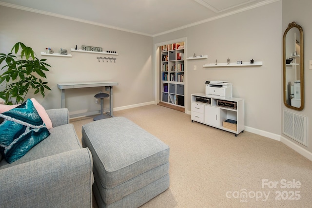 205 Midland Dr, Asheville, NC 28804 - living room with baseboards, carpet flooring, visible vents, and crown molding