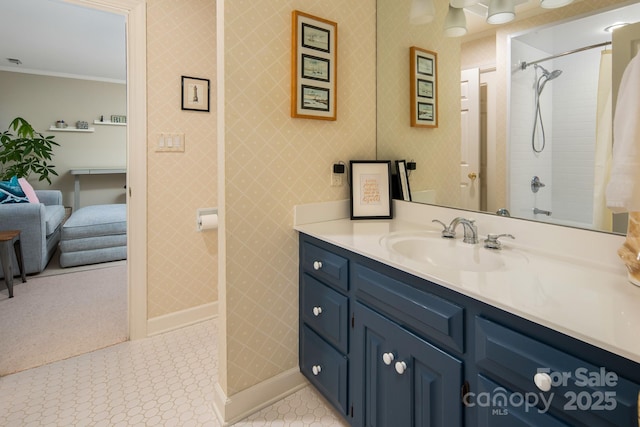 205 Midland Dr, Asheville, NC 28804 - bathroom with wallpapered walls, a shower with shower curtain, and crown molding