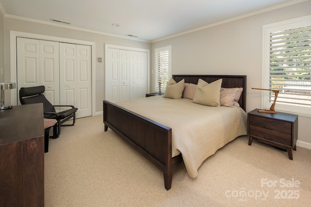 205 Midland Dr, Asheville, NC 28804 - bedroom with multiple closets, ornamental molding, light colored carpet, and visible vents