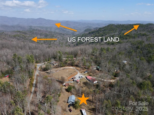 aerial view featuring a mountain view and a view of trees