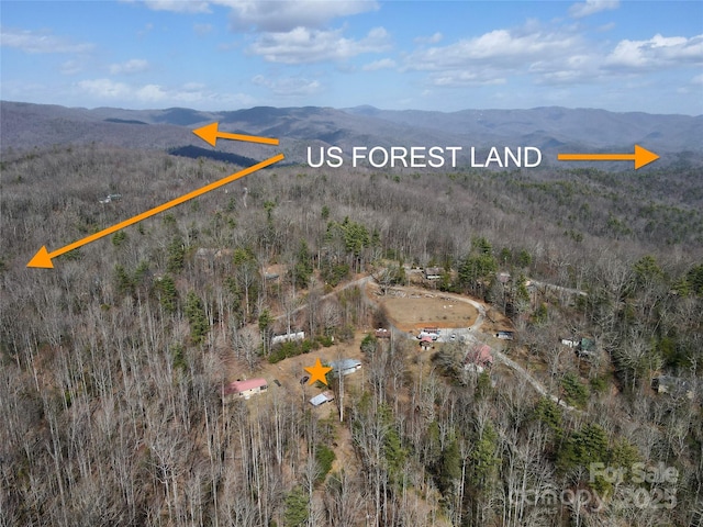 drone / aerial view featuring a wooded view and a mountain view