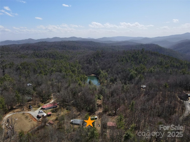 drone / aerial view featuring a mountain view and a view of trees