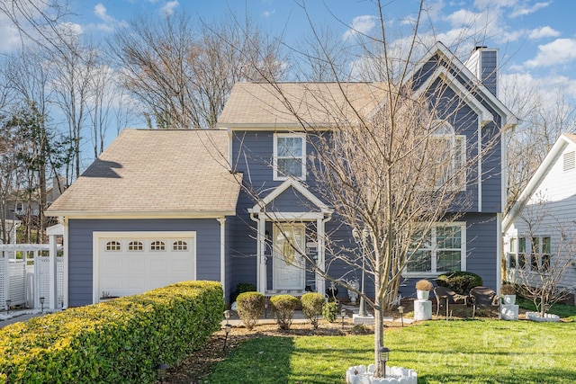 view of front of property with a chimney, roof with shingles, an attached garage, fence, and a front lawn