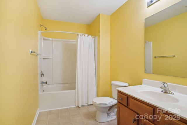 bathroom with tile patterned floors, shower / tub combo, toilet, and vanity