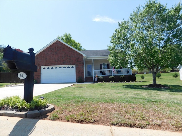 ranch-style home with a front lawn, a garage, covered porch, driveway, and brick siding