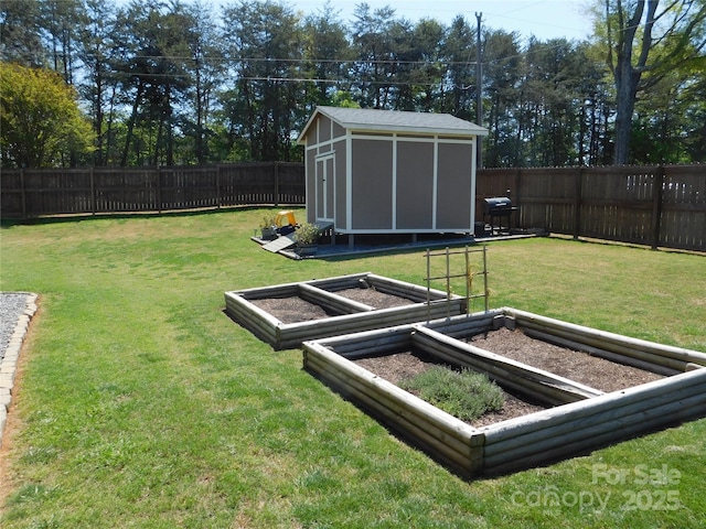 view of yard with an outbuilding, a shed, a garden, and a fenced backyard