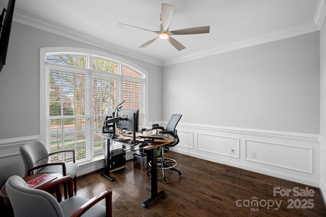 office with ceiling fan, dark wood-style flooring, and ornamental molding