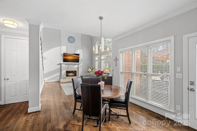 dining room featuring a glass covered fireplace, dark wood-style flooring, and crown molding