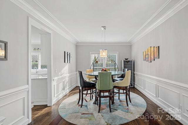 dining area with a chandelier, dark wood-style floors, ornamental molding, and a decorative wall