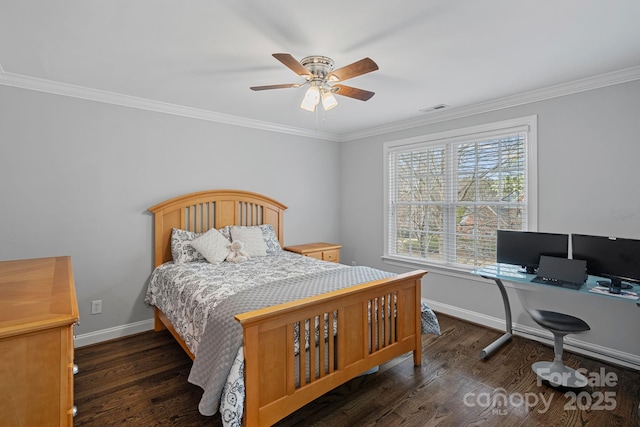 bedroom featuring visible vents, ornamental molding, baseboards, and wood finished floors