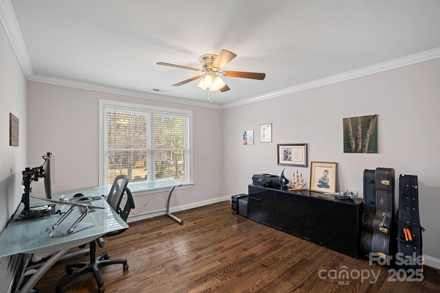 office featuring wood finished floors, baseboards, visible vents, ornamental molding, and ceiling fan