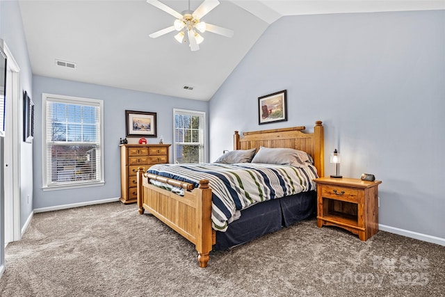 bedroom with ceiling fan, carpet, visible vents, and baseboards